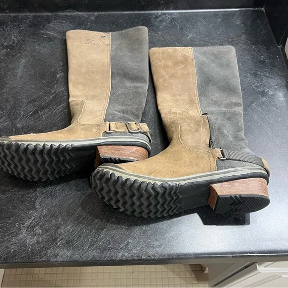 Sorel slimpack Tall Boots TanGrey two tone oiled leather waterproof Wm 9 - Picture 3 of 4